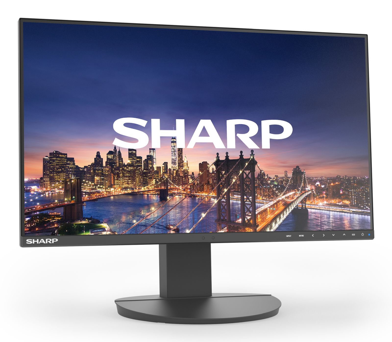 Ein Sharp Monitor zeigt eine Stadtlandschaft bei Nacht mit Brücken und Gebäuden.