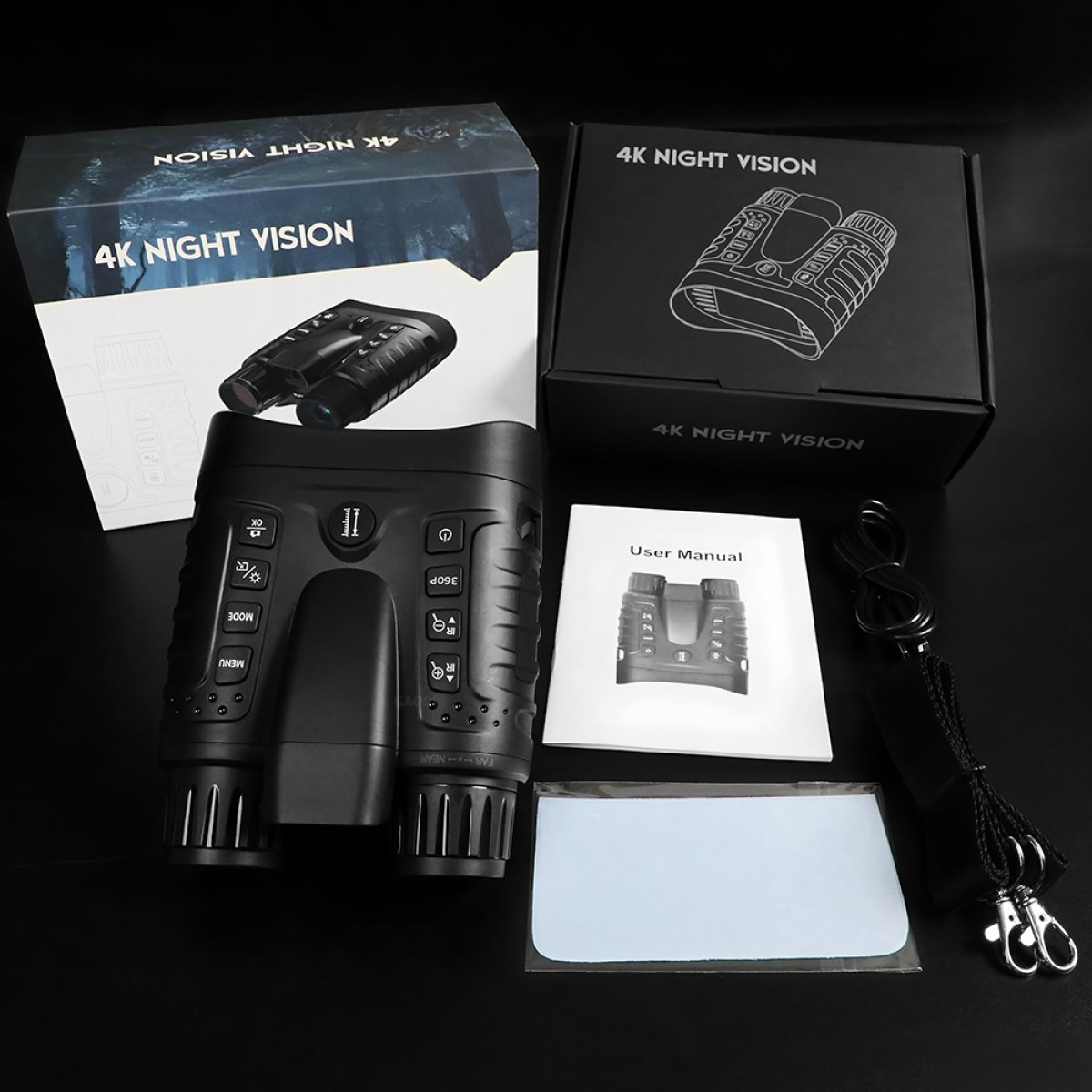 Un dispositivo per la visione notturna 4K, manuale utente e accessori.