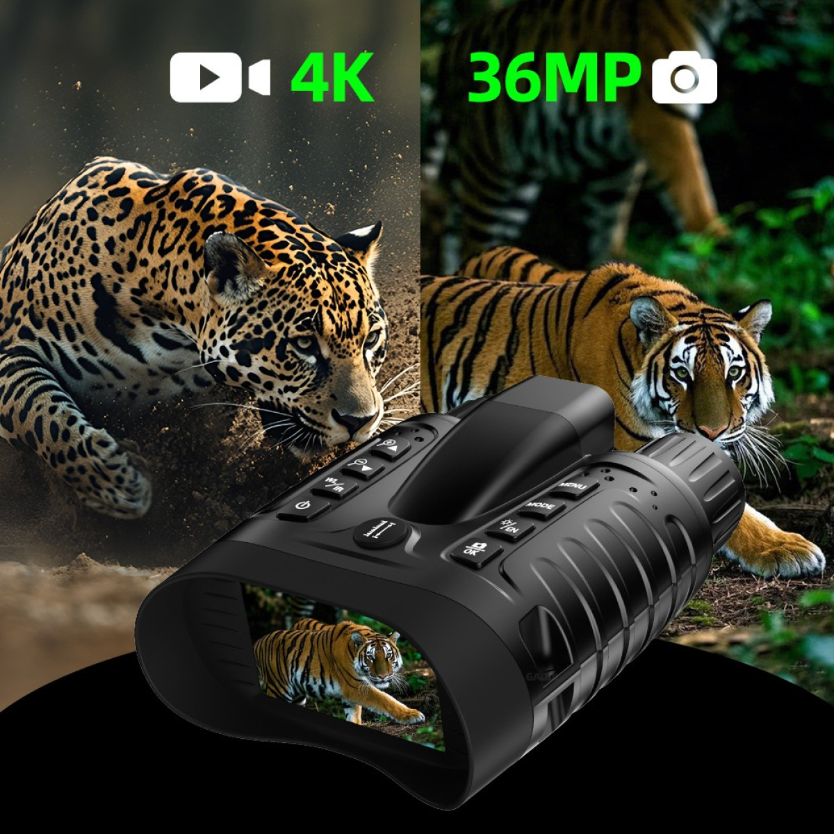 Binocolo con immagini di giaguaro e tigre, display 4K/36MP.