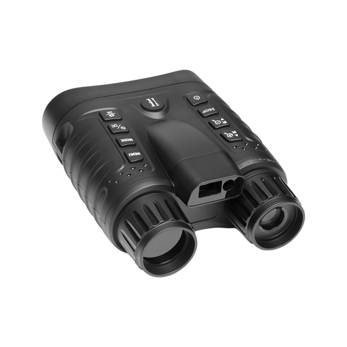 Binocolo per visione notturna nero con molti pulsanti e controlli.