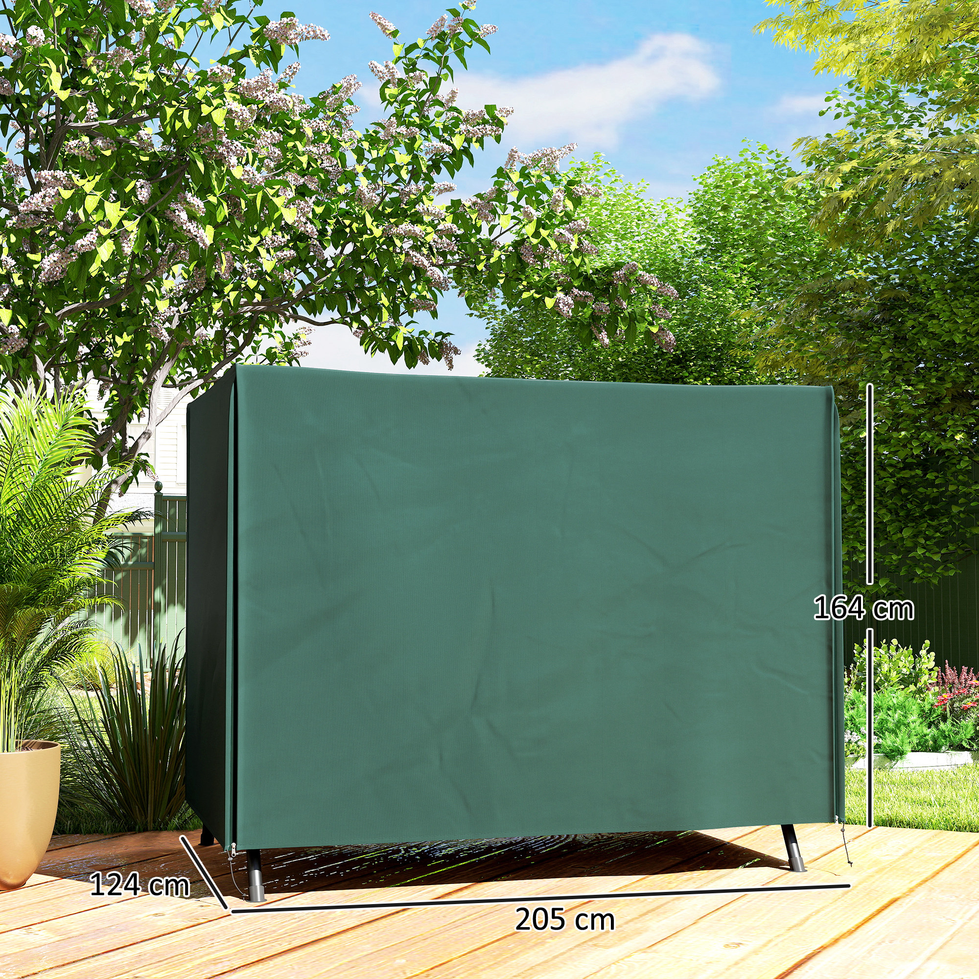 Funda verde para muebles en terraza de madera, 205x124x164 cm.