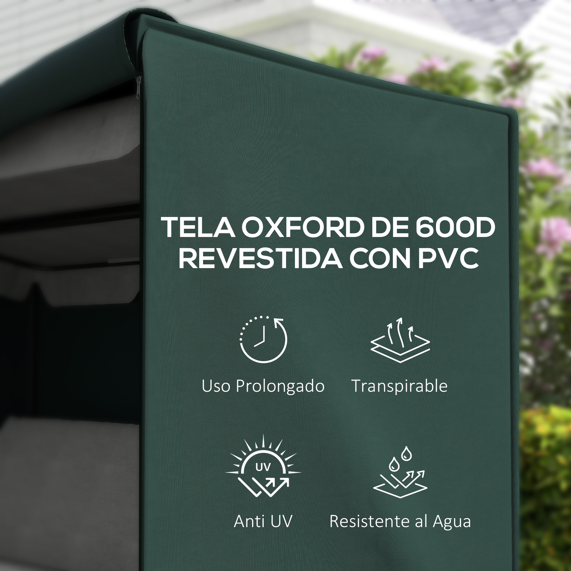 Funda verde oscuro con iconos de durabilidad, transpirabilidad, protección UV y resistencia al agua.