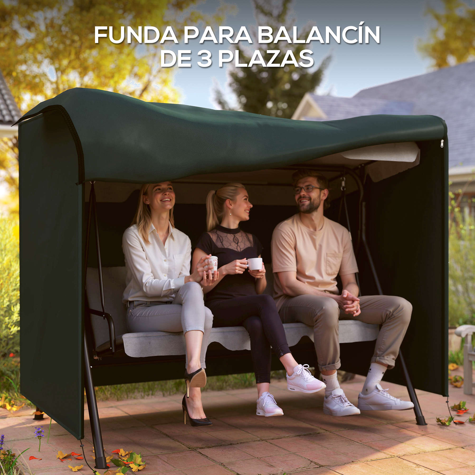 Tres personas sentadas en un columpio cubierto al aire libre con hojas de otoño.