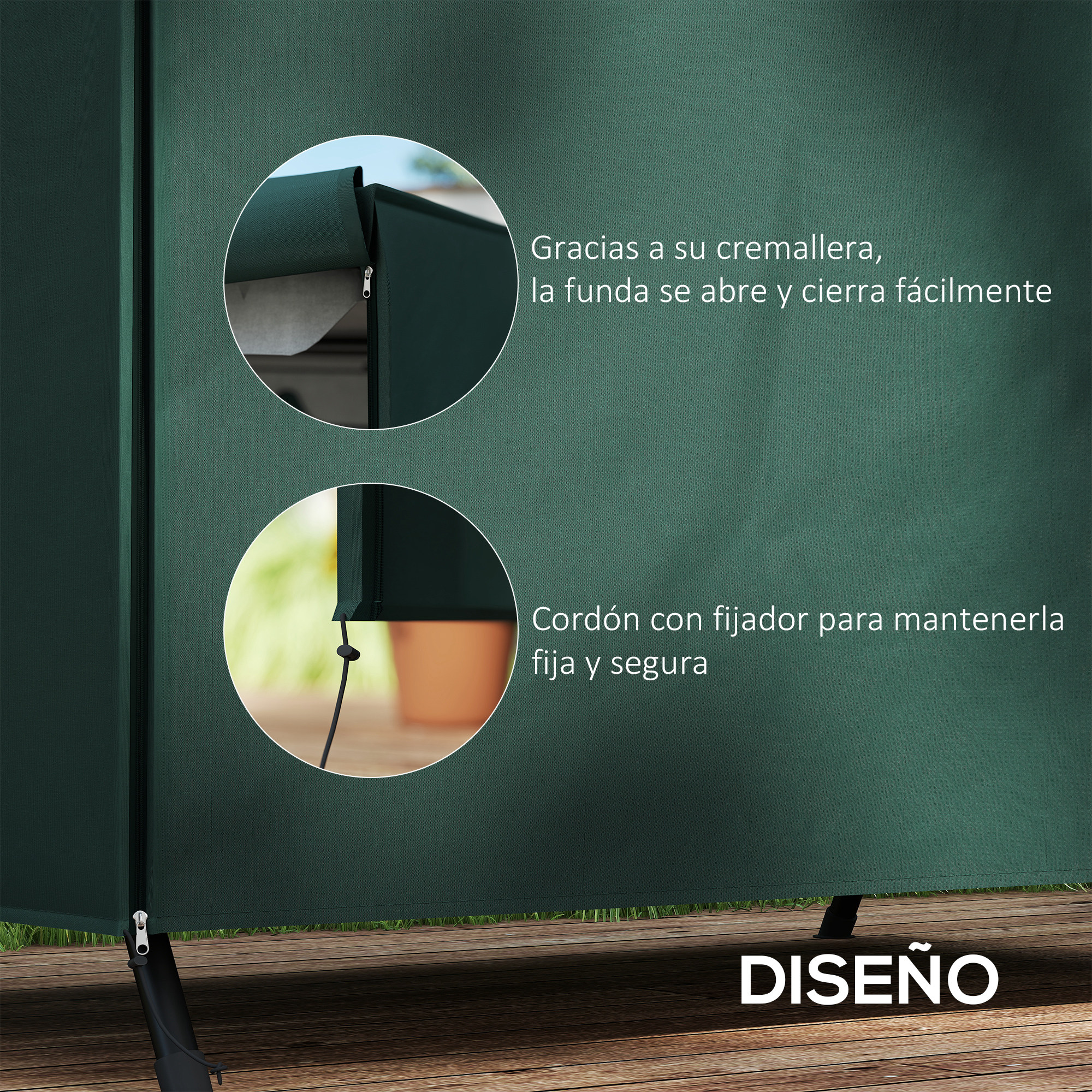 Funda verde oscura con cremallera y cordón. Muestra detalle de cremallera y cordón.