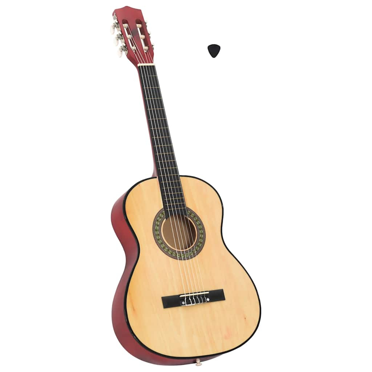 Eine Akustikgitarre mit hellem Holzkorpus, rotem Korpus und schwarzem Plektrum.