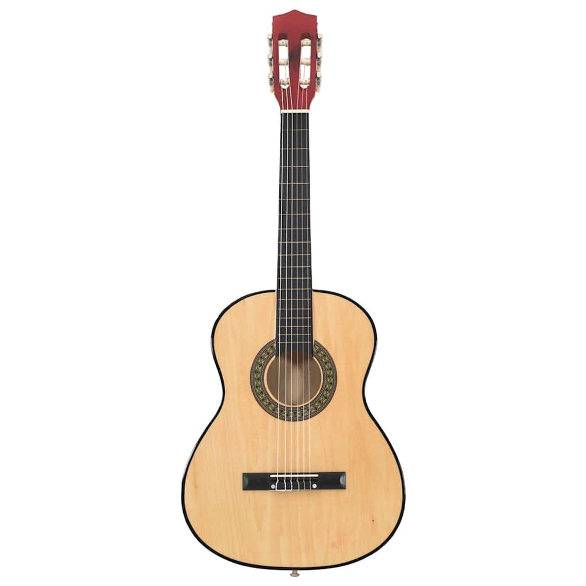 Eine helle Akustikgitarre mit rotem Kopf und sechs Saiten.