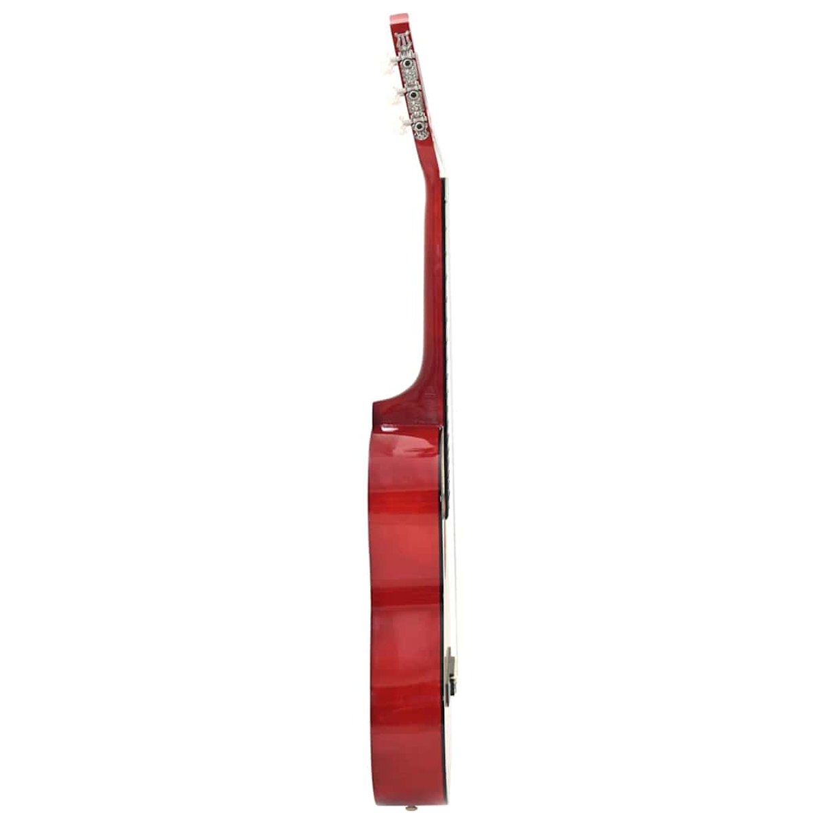 Rote Gitarre im Profil auf weißem Hintergrund mit Saiten und Mechaniken sichtbar.