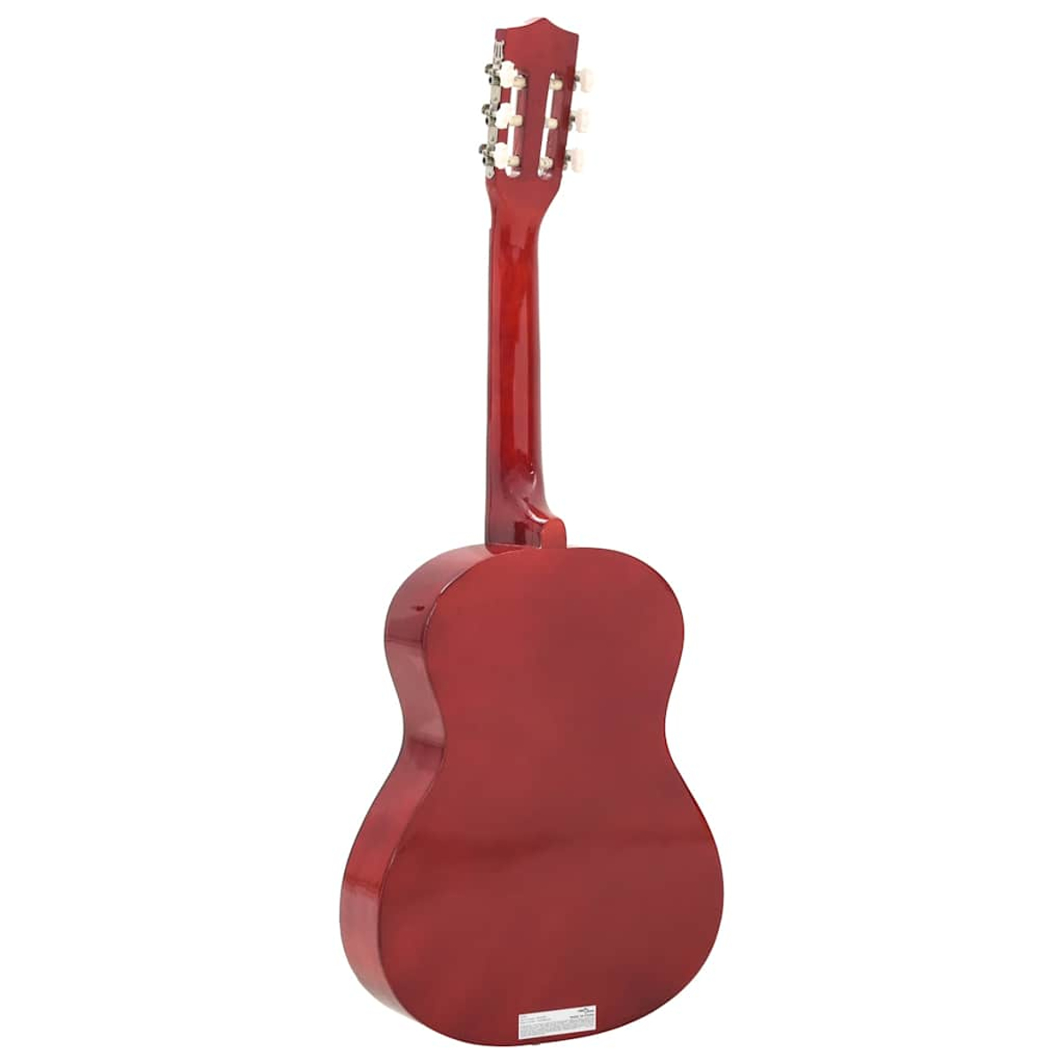 Rote Gitarre von hinten mit Hals und Stimmwirbeln auf weißem Hintergrund.