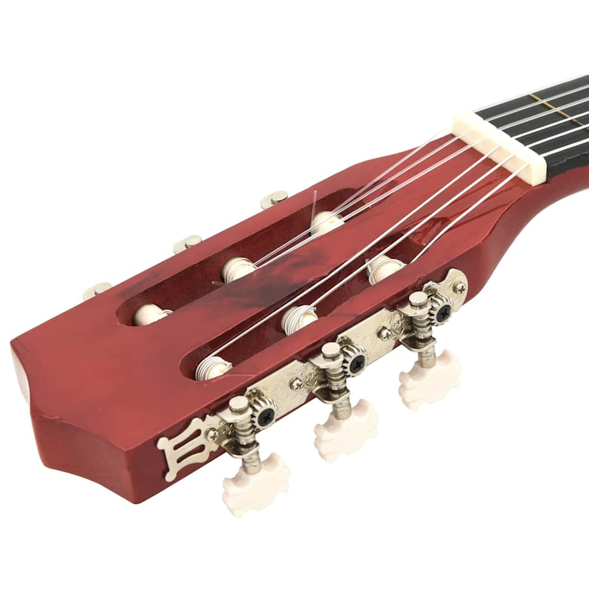 Der rote Gitarrenkopf mit Saiten und Stimmschrauben, isoliert auf weißem Hintergrund.