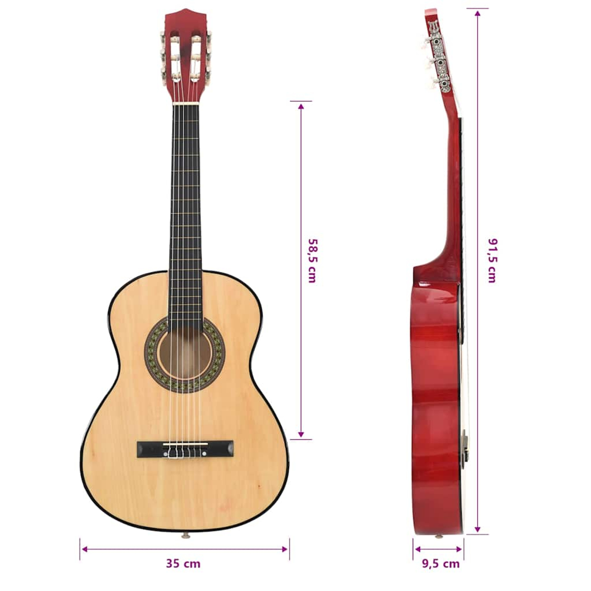 Zwei Gitarrenansichten: vorne und seitlich, mit Maßen.
