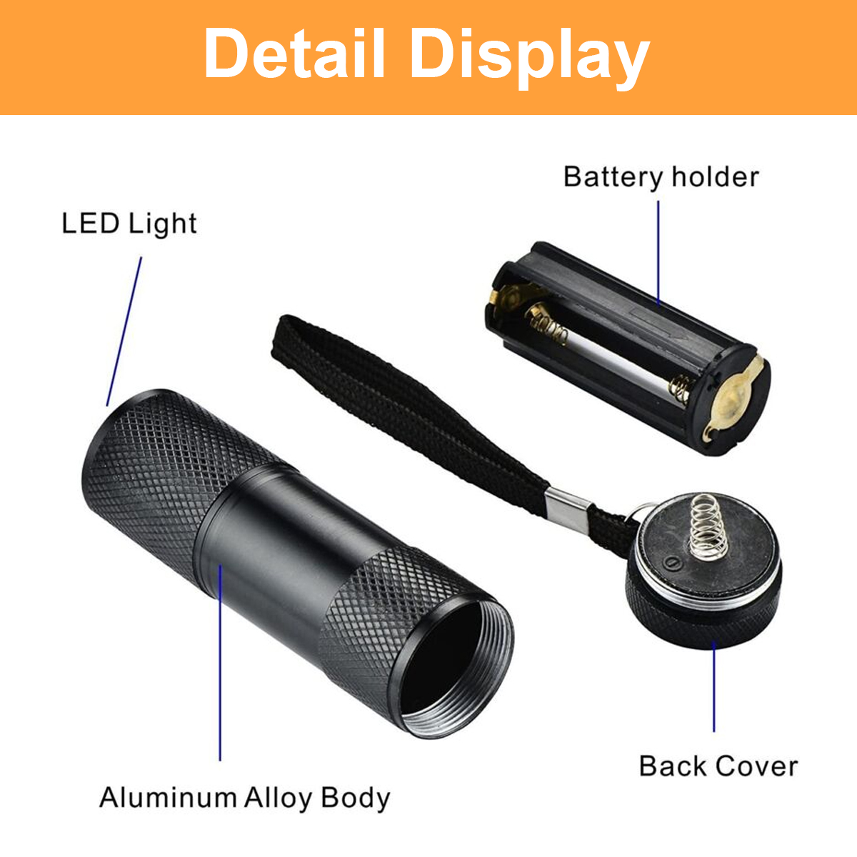 Detaillierte Ansicht einer schwarzen Taschenlampe mit Aluminiumgehäuse, LED-Licht, Batteriehalter und Rückabdeckung.