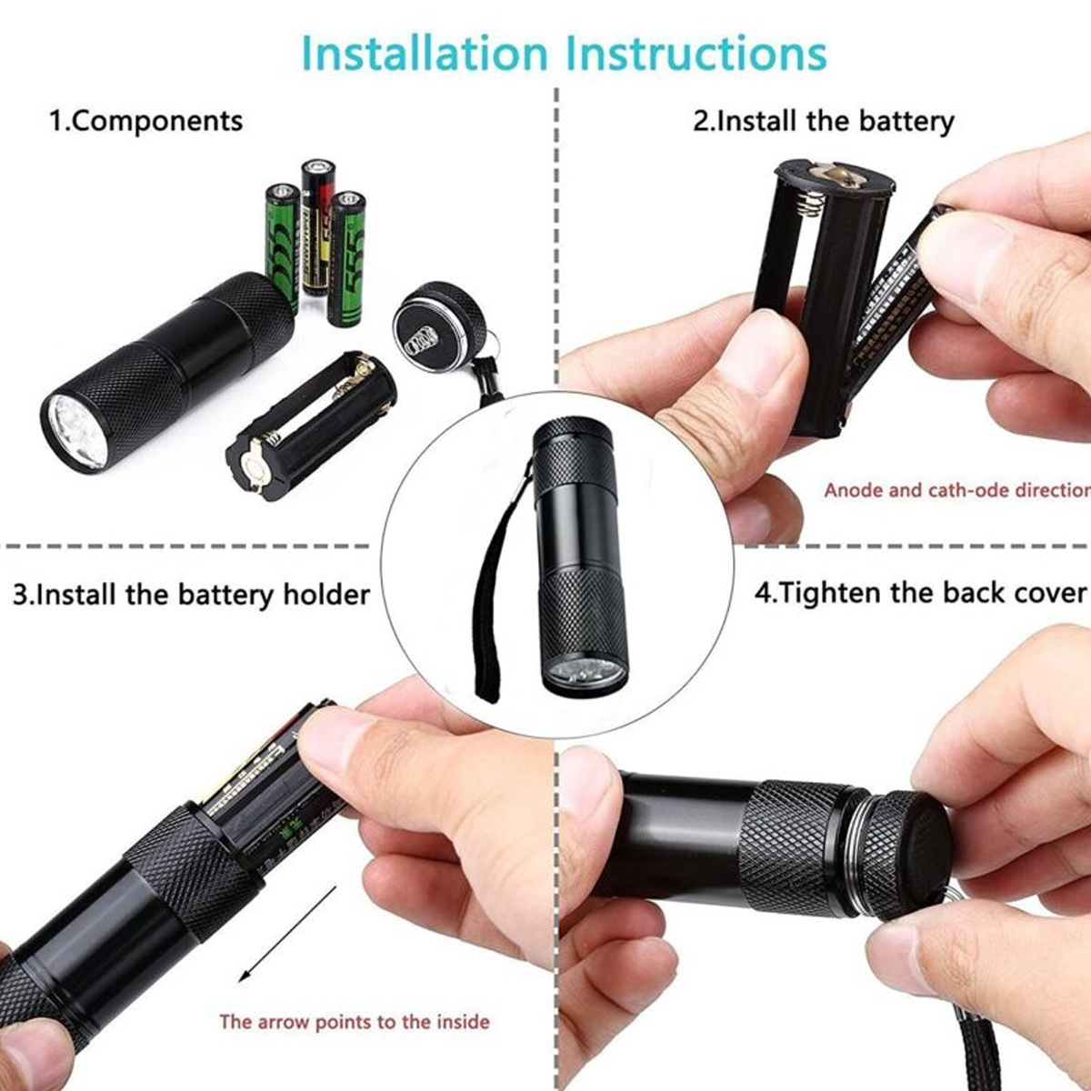 Anleitung zur Installation einer Taschenlampe: Komponenten, Batterien einlegen, Halter einsetzen, Rückseite festziehen.