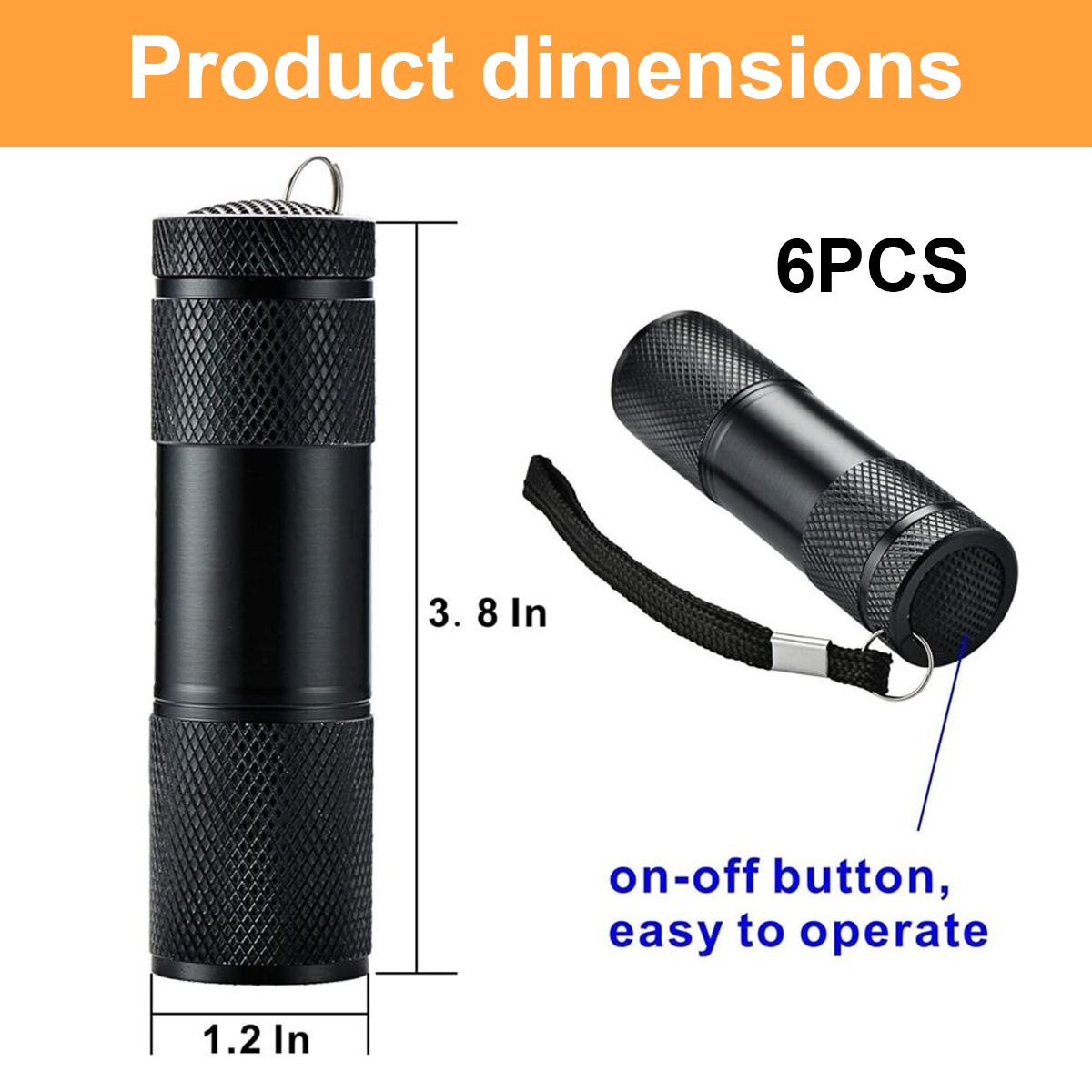 Schwarze Mini-Taschenlampen mit Maßen 9,65cm x 3,05cm. Sechs Stück insgesamt.