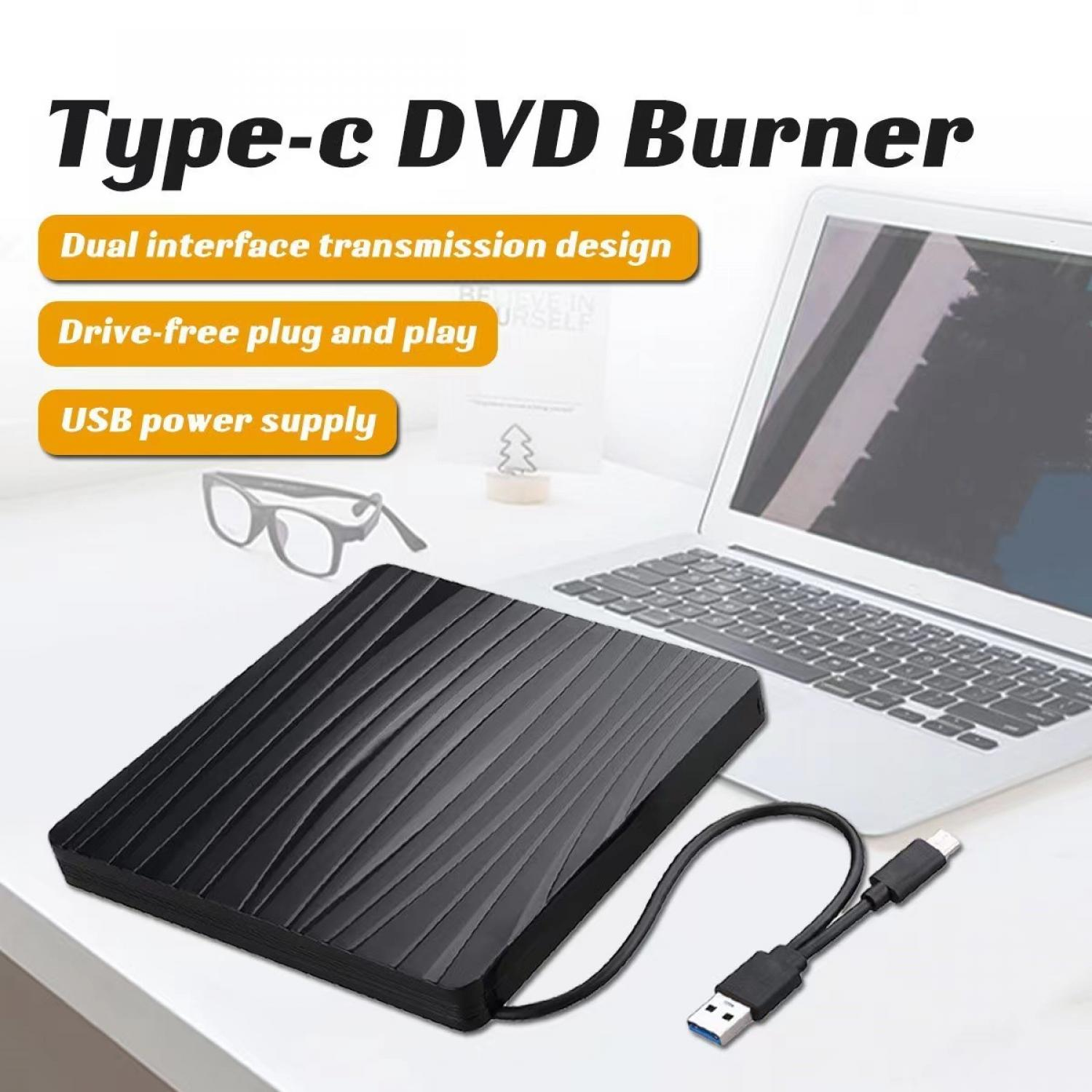 Schwarzer Type-C DVD-Brenner mit USB-Kabel neben einem Laptop.