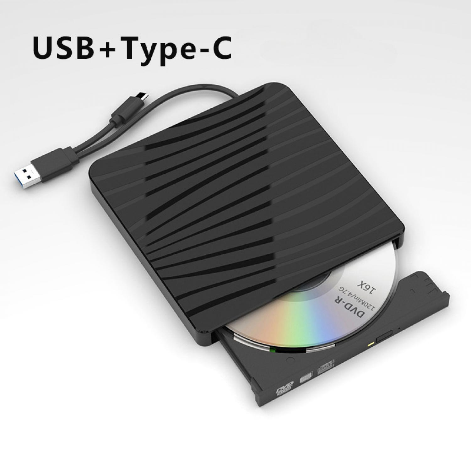 Schwarzer externer DVD-Brenner mit USB- und Typ-C-Kabel und eingelegter DVD.