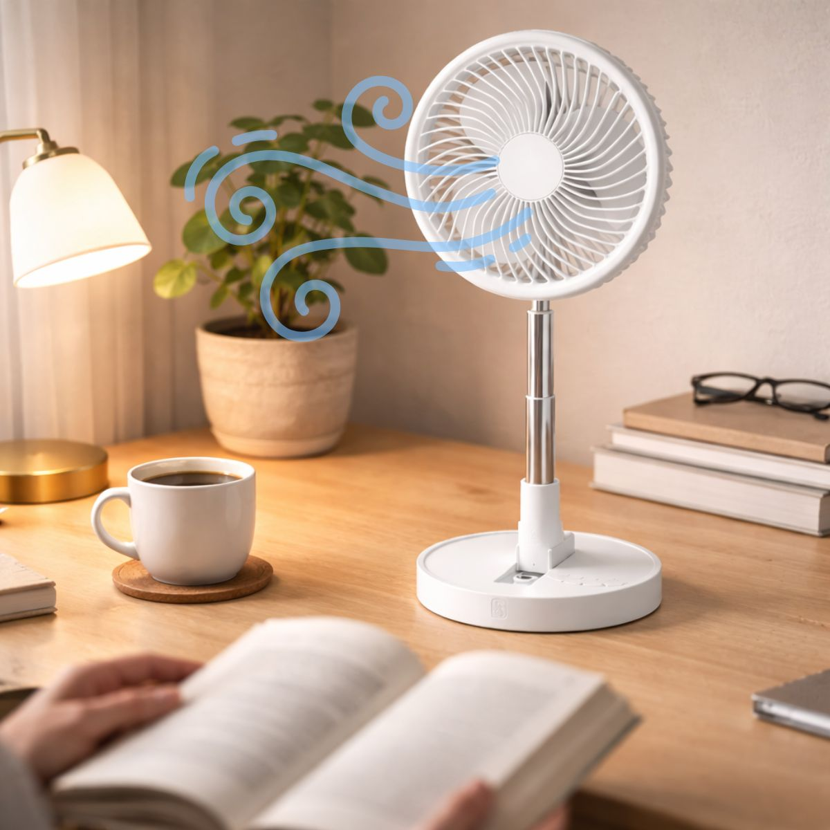 Un ventilateur blanc sur un bureau avec une tasse de café et un livre.