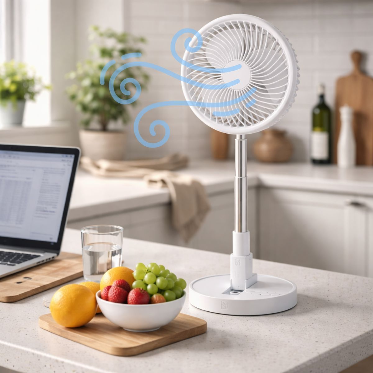 Un ventilateur blanc fait circuler l'air dans une cuisine. Bol de fruits, ordinateur portable, verre d'eau à proximité.