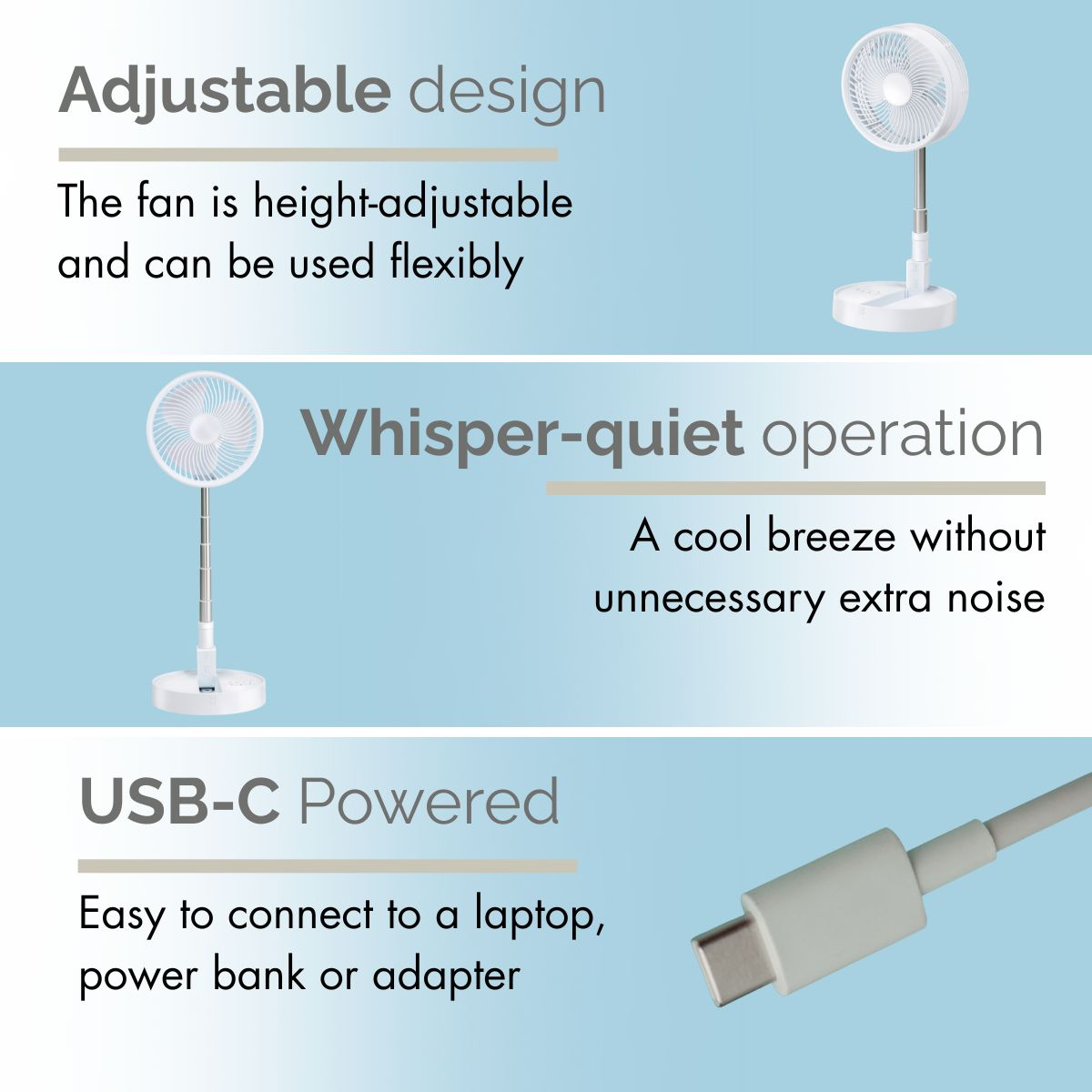 Un ventilateur blanc, réglable, sur pied avec connecteur USB-C.