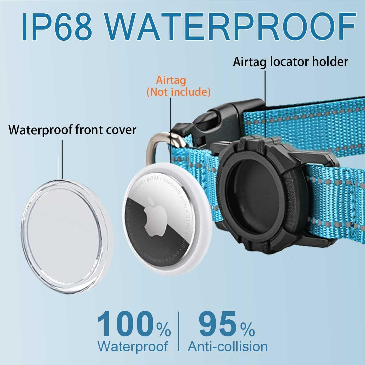 IP68 wasserdichter AirTag-Halter mit blauem Halsband, wasserdichter Abdeckung, Kollisionsschutz.