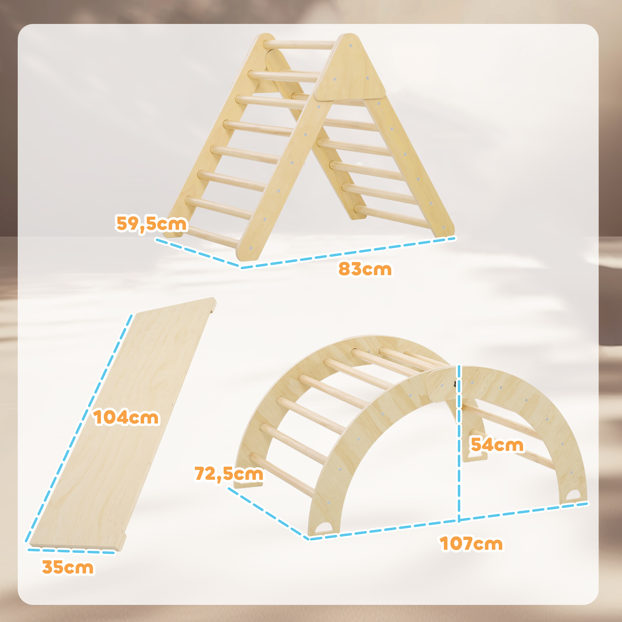 Juguetes de madera: un triángulo trepador, rampa y puente curvo con medidas.