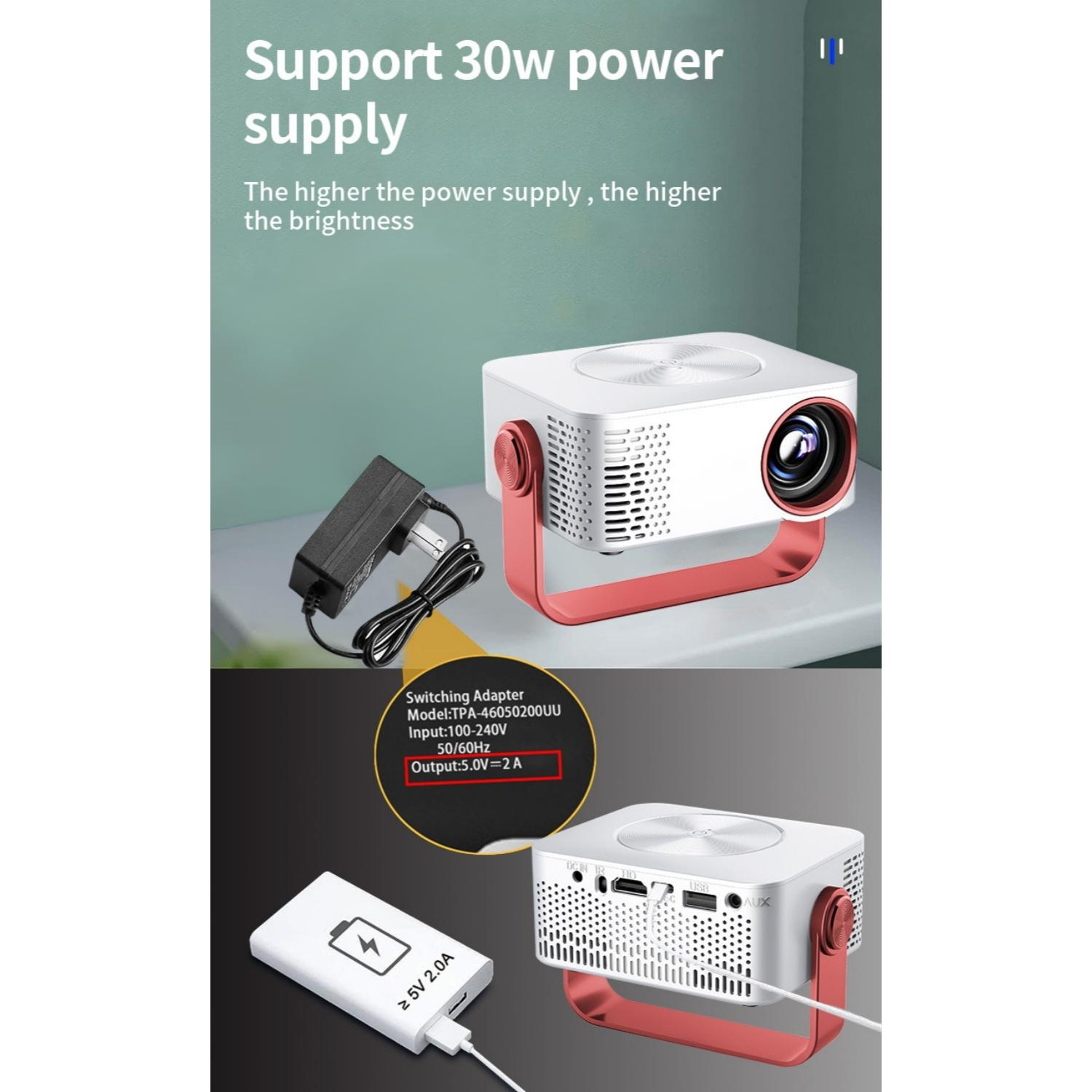 Ein weißer Projektor mit rotem Ständer und Netzteil, der 30W unterstützt.