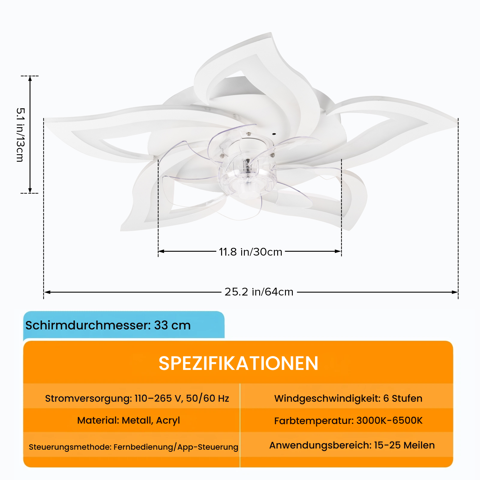 Ein moderner weißer Deckenventilator mit blütenblattförmigen Flügeln, Maße angegeben.