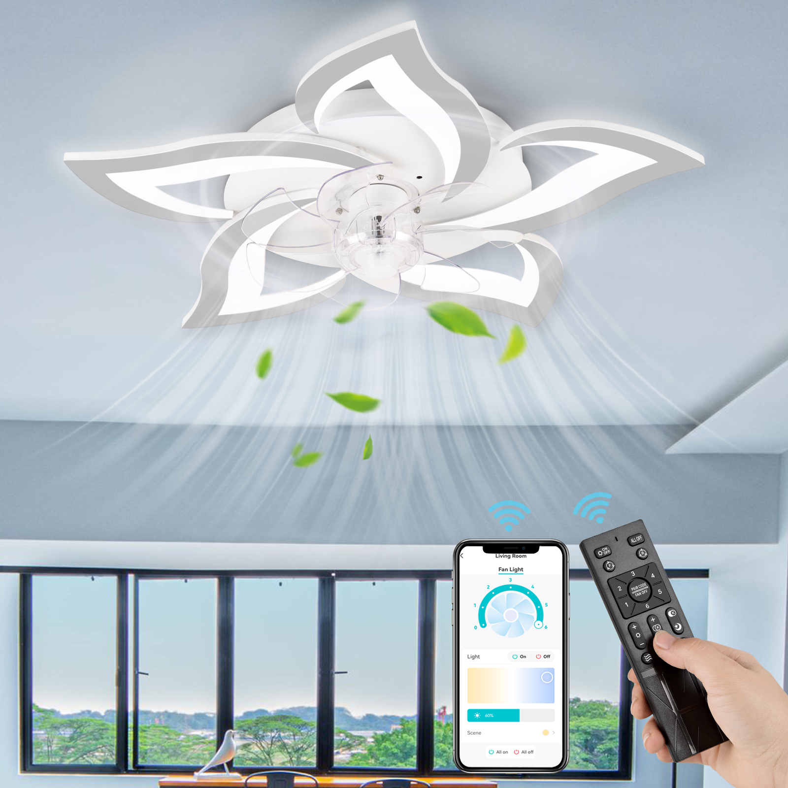Moderne Deckenleuchte mit Ventilator, gesteuert per App und Fernbedienung.