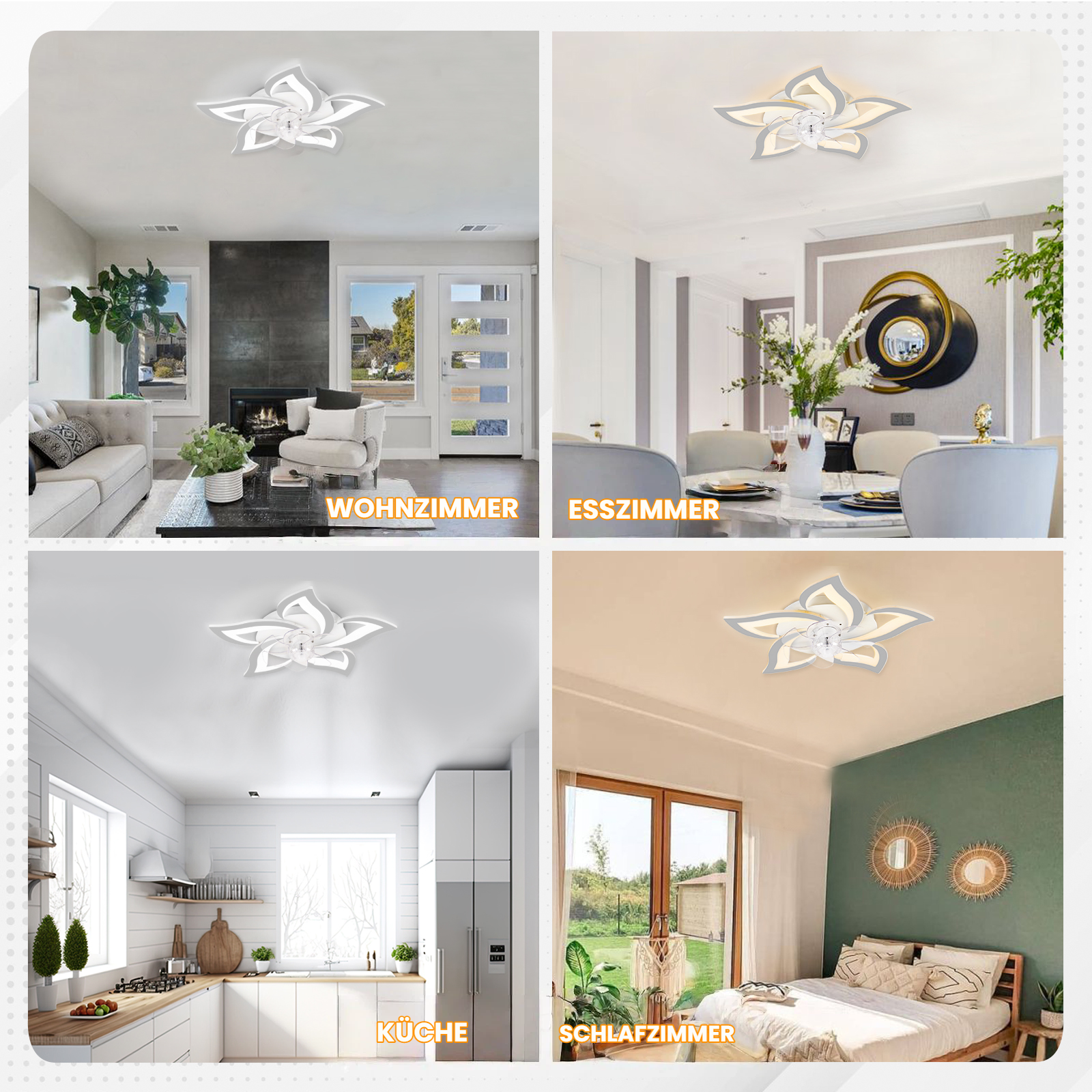 Vier Wohnszenen mit einer blumenförmigen Deckenleuchte: Wohnzimmer, Esszimmer, Küche, Schlafzimmer.