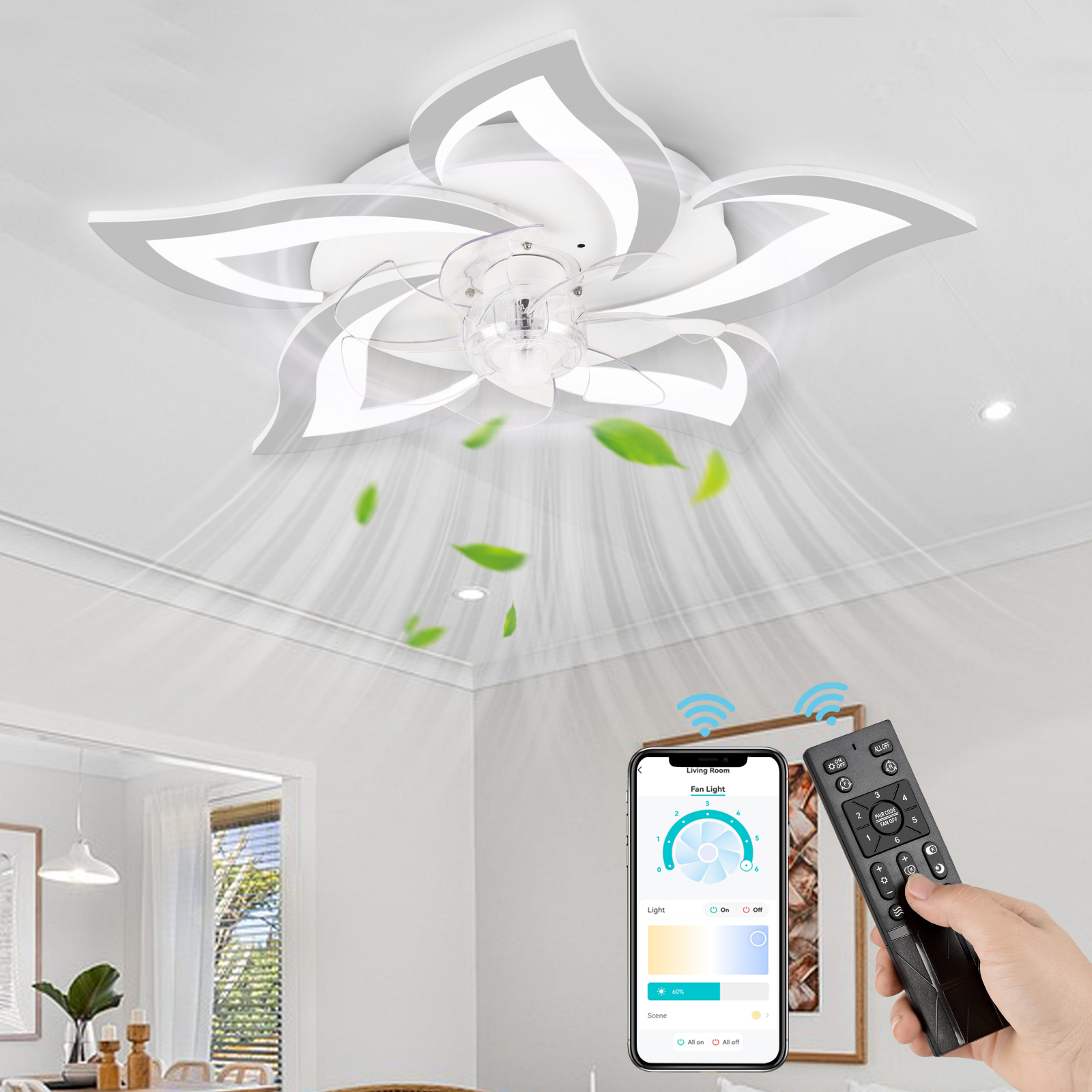 Ein moderner Deckenventilator mit Licht im Blumen-Design, gesteuert per App und Fernbedienung.