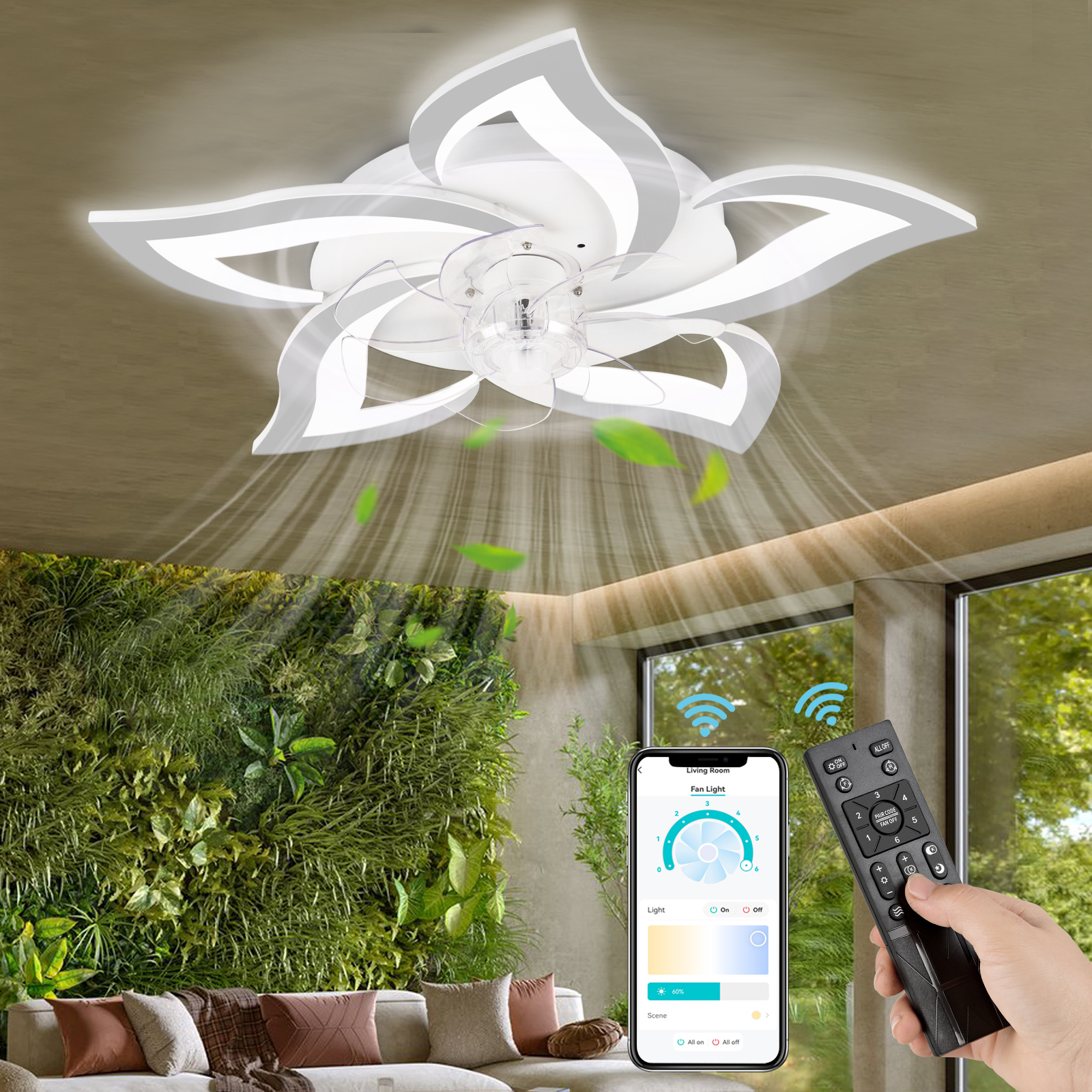 Eine weiße Deckenventilator-Lampe im Blütenblatt-Design mit Fernbedienung und App.
