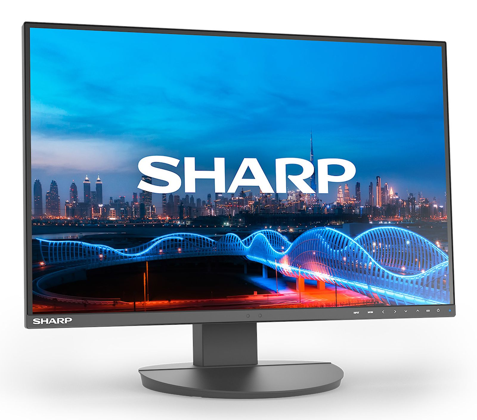Ein Monitor zeigt eine Stadtlandschaft mit dem Wort SHARP.
