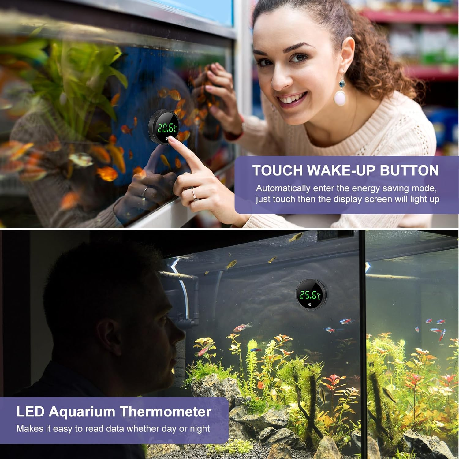 Digitales Thermometer auf Aquarienglas, zeigt 20,6C. Eine Frau berührt es.