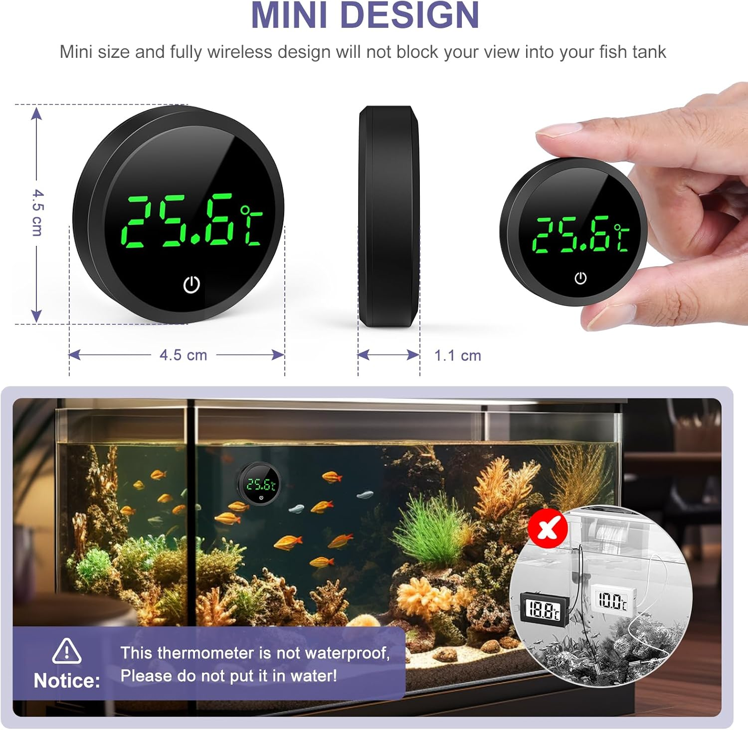 Mini-Digitalthermometer für Aquarien, zeigt 25,6 °C an. Abmessungen angegeben.