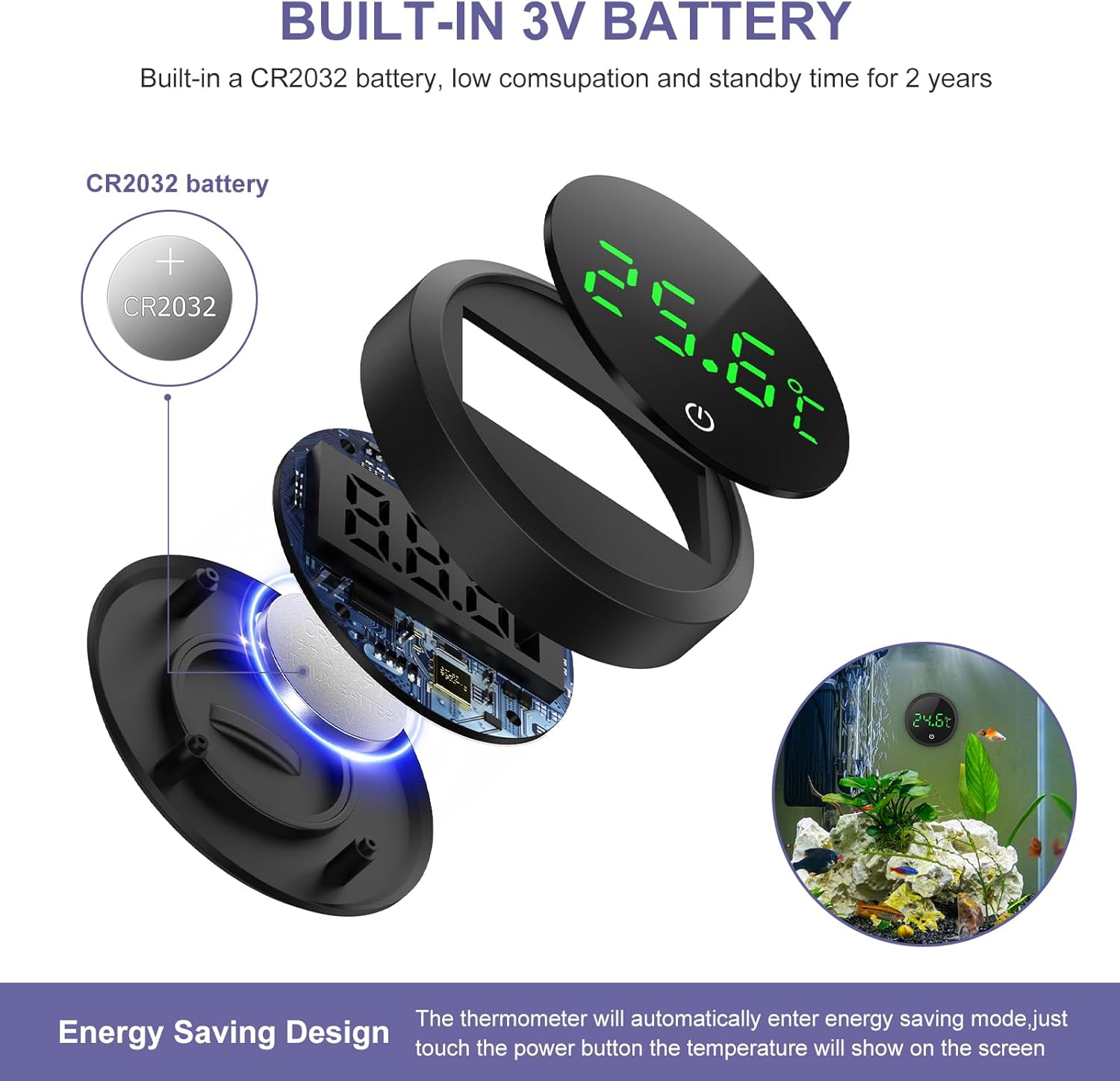Explodierte Ansicht eines Thermometers mit CR2032-Batterie und Aquarienanzeige.