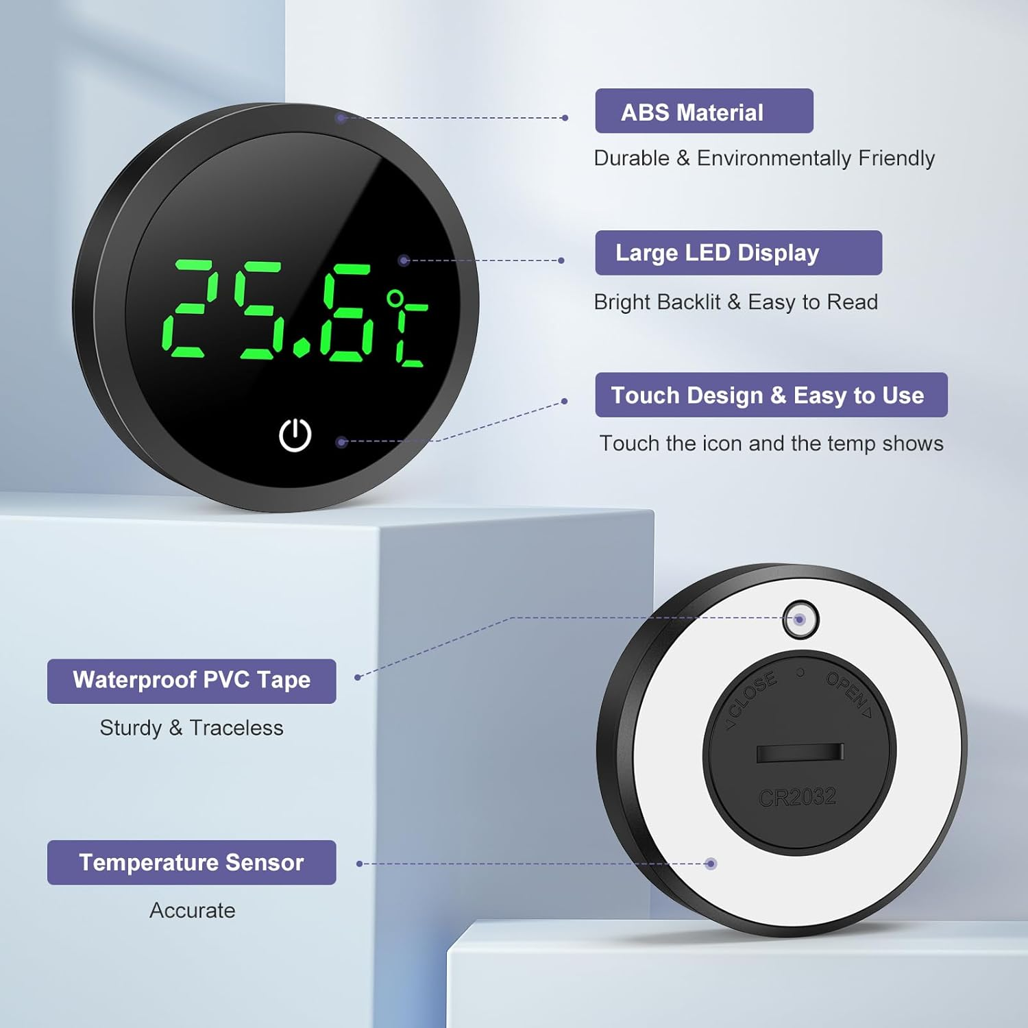 Ein digitaler Thermometer mit großem LED-Display, das 25,6°C anzeigt. Rückseite zeigt Batteriefach.