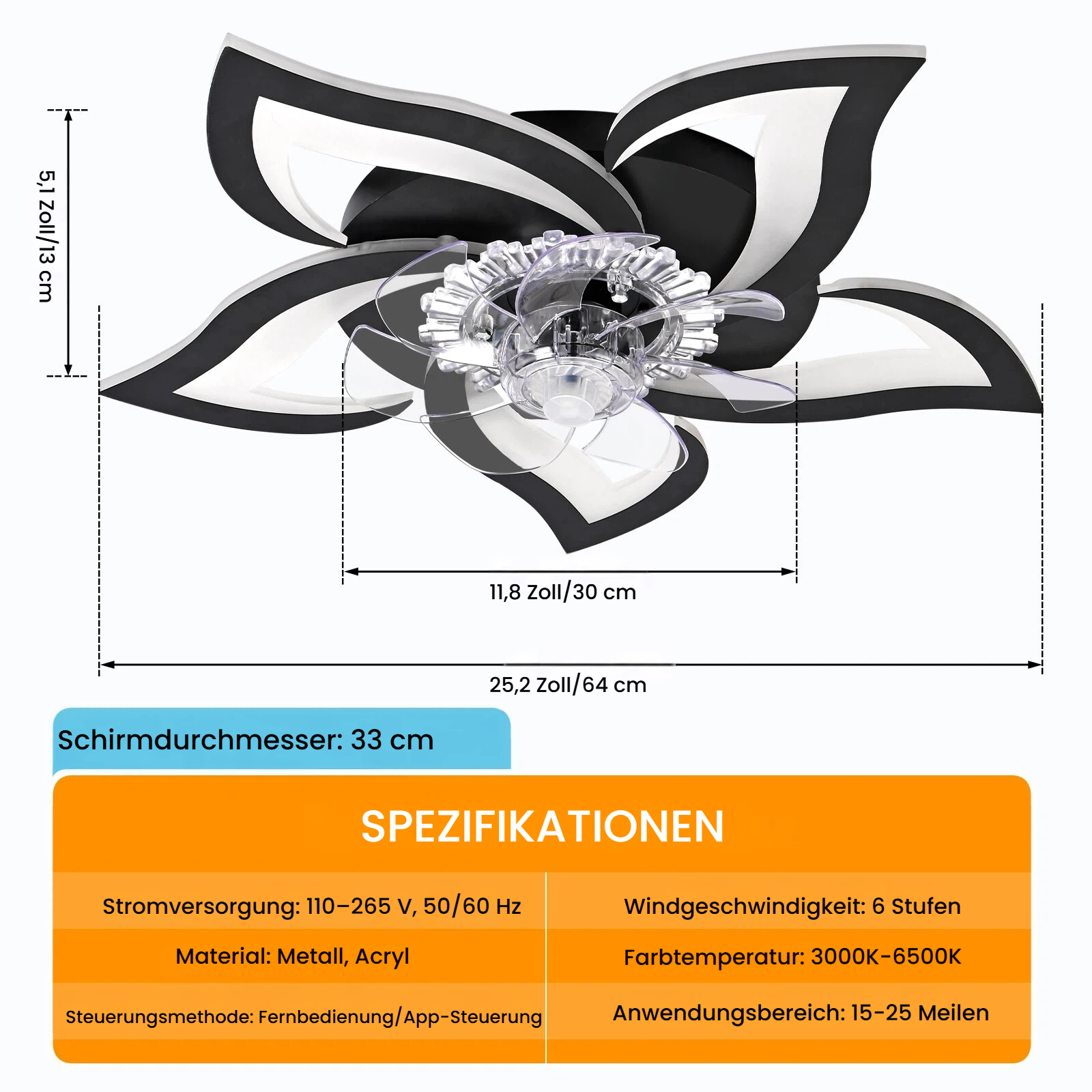 Deckenventilator mit schwarz-weißen Blütenblättern und transparenten Rotorblättern.