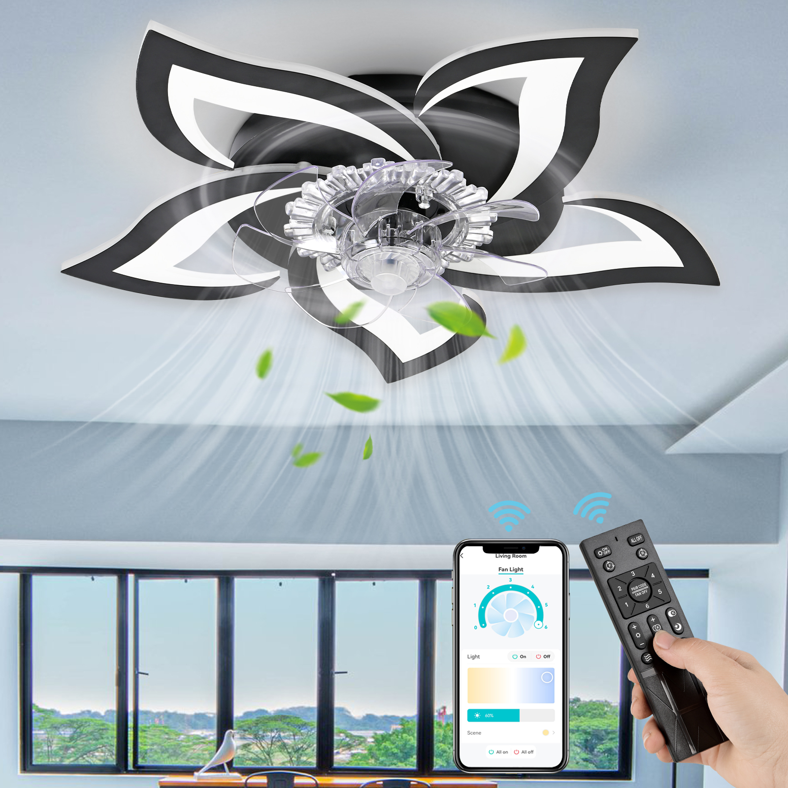 Deckenventilator mit Licht in Blütenform, schwarze und weiße Muster, Fernbedienung und App.