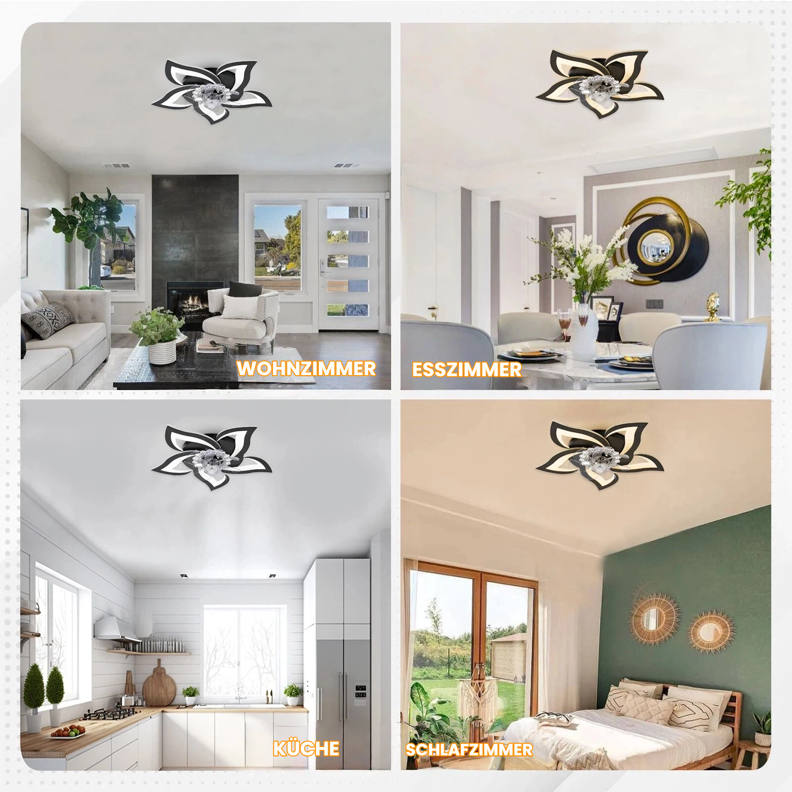 Vier Wohnszenen: Wohnzimmer, Esszimmer, Küche und Schlafzimmer mit einer Blume-förmigen Lampe.