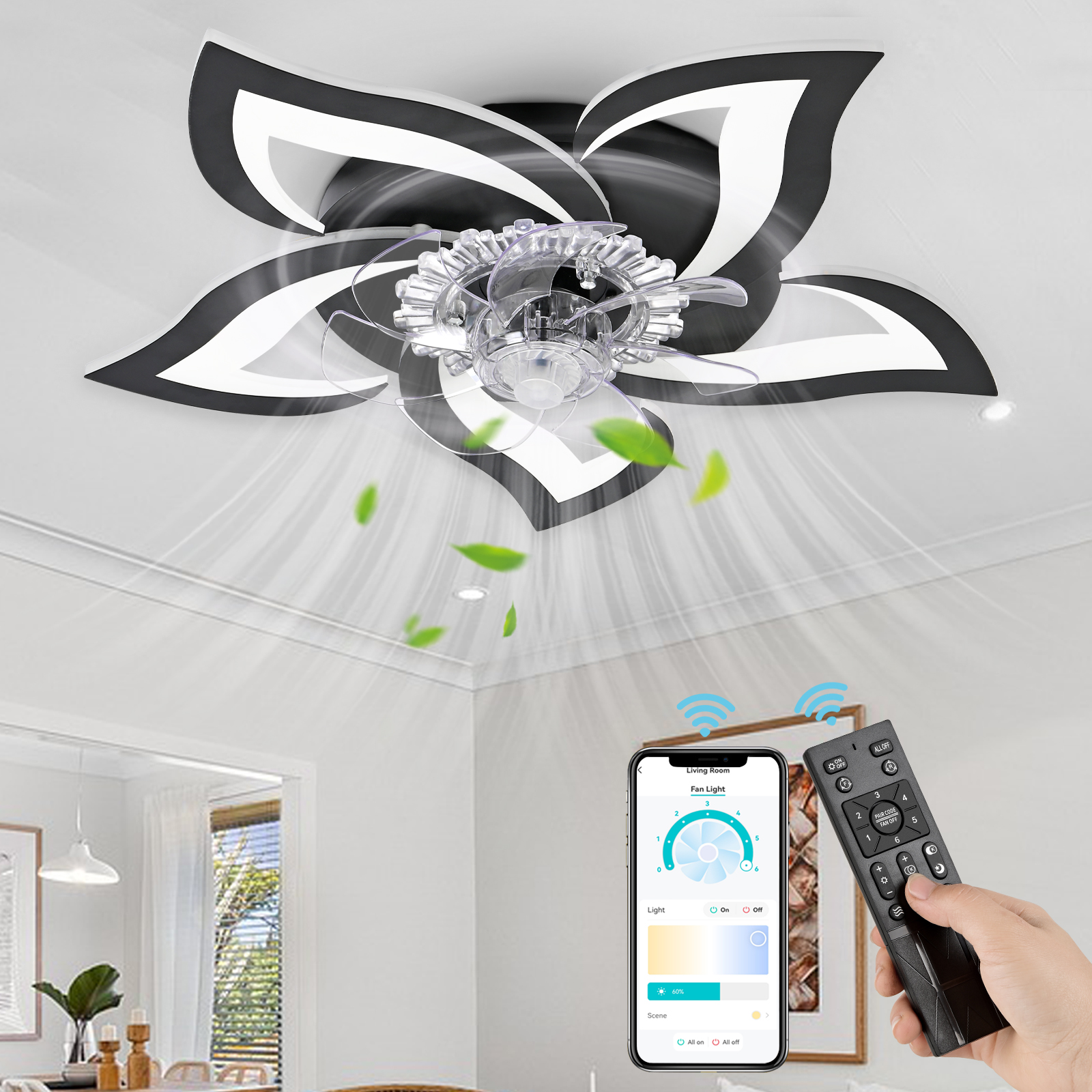 Deckenventilator mit Blumenmuster, Fernbedienung und App-Steuerung.