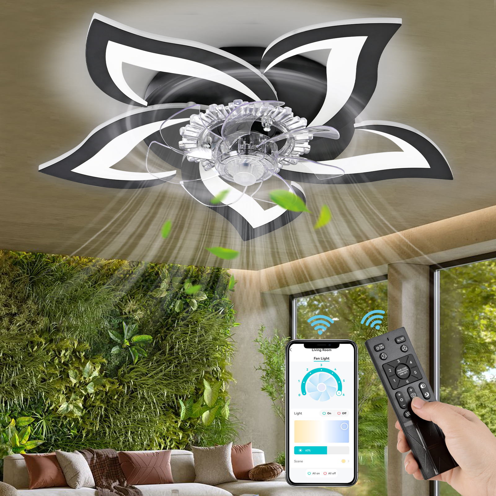Deckenventilator mit Licht in Blumenform, der Luft verströmt. Smartphone-Steuerung.