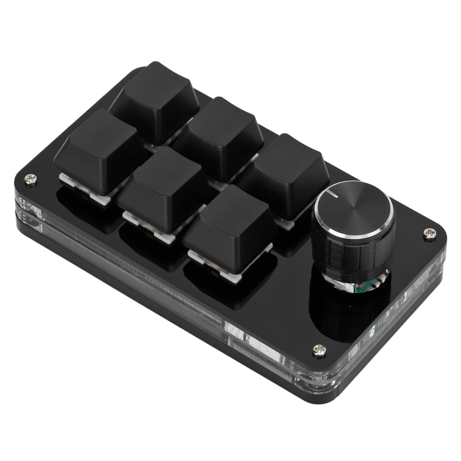 Kompakte Tastatur mit 6 schwarzen Tasten und einem Drehknopf auf schwarzem Gehäuse.