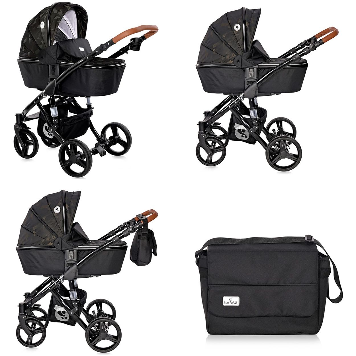 Ein schwarzer Kinderwagen mit braunen Griffen und passender Tasche.