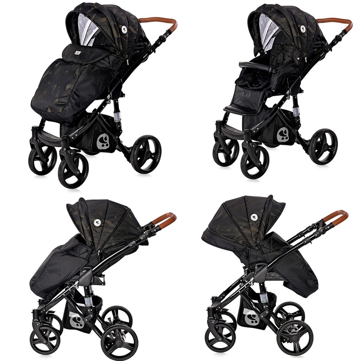 Vier Ansichten eines schwarzen Kinderwagens mit Tarnmuster und braunem Griff.