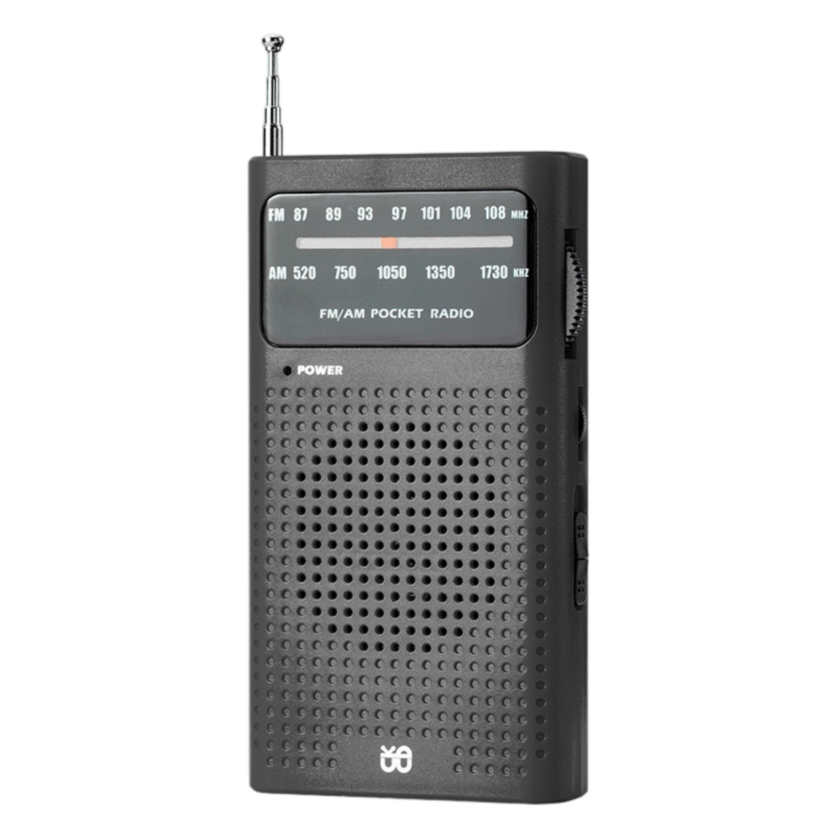 Ein schwarzes FM/AM-Taschenradio mit ausgefahrenem Antennenstab und einer Lautsprecherabdeckung.