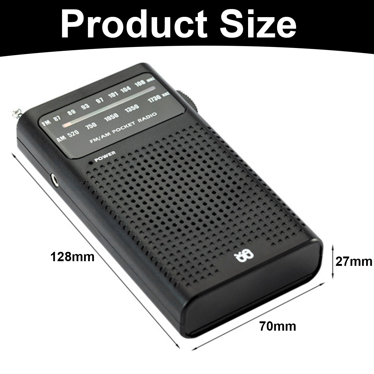 Schwarzes FM/AM-Taschenradio mit Lautsprecher und Skala. Maße: 128x70x27mm.