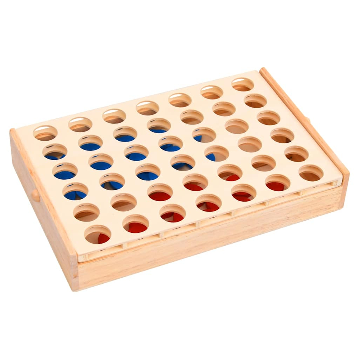 Holzspiel mit roten und blauen Scheiben, einige in den Löchern.