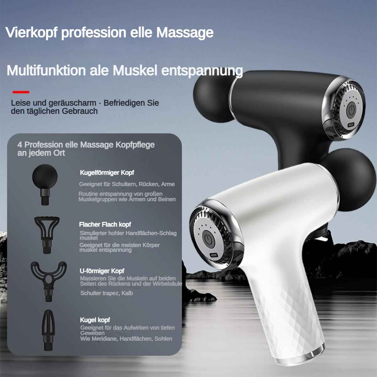 Zwei Massagepistolen, eine weiße und eine schwarze, mit verschiedenen Aufsätzen auf der linken Seite.