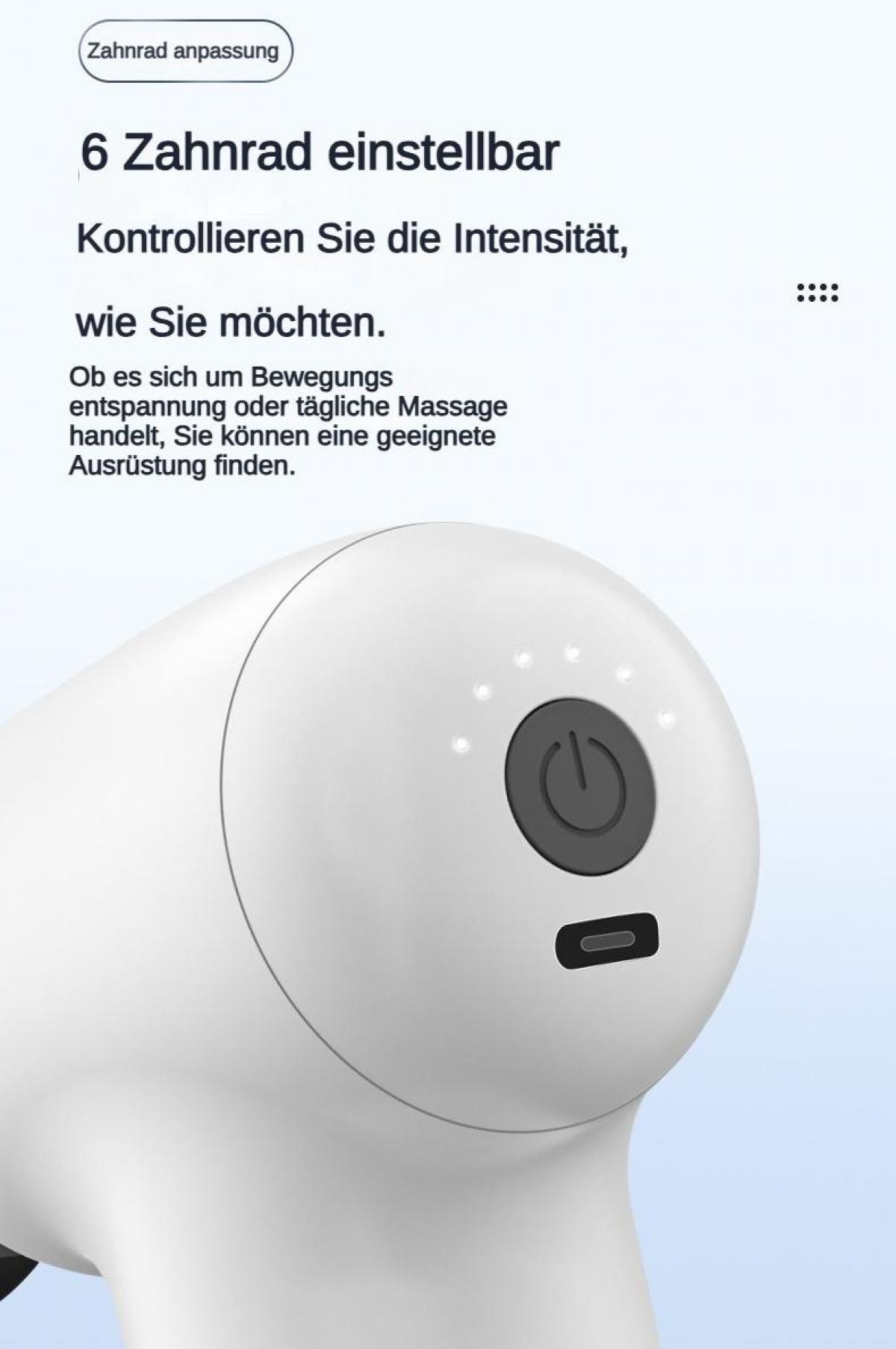 Weißes Massagegerät mit 6 einstellbaren Gängen, Power-Taste und Ladeanschluss.