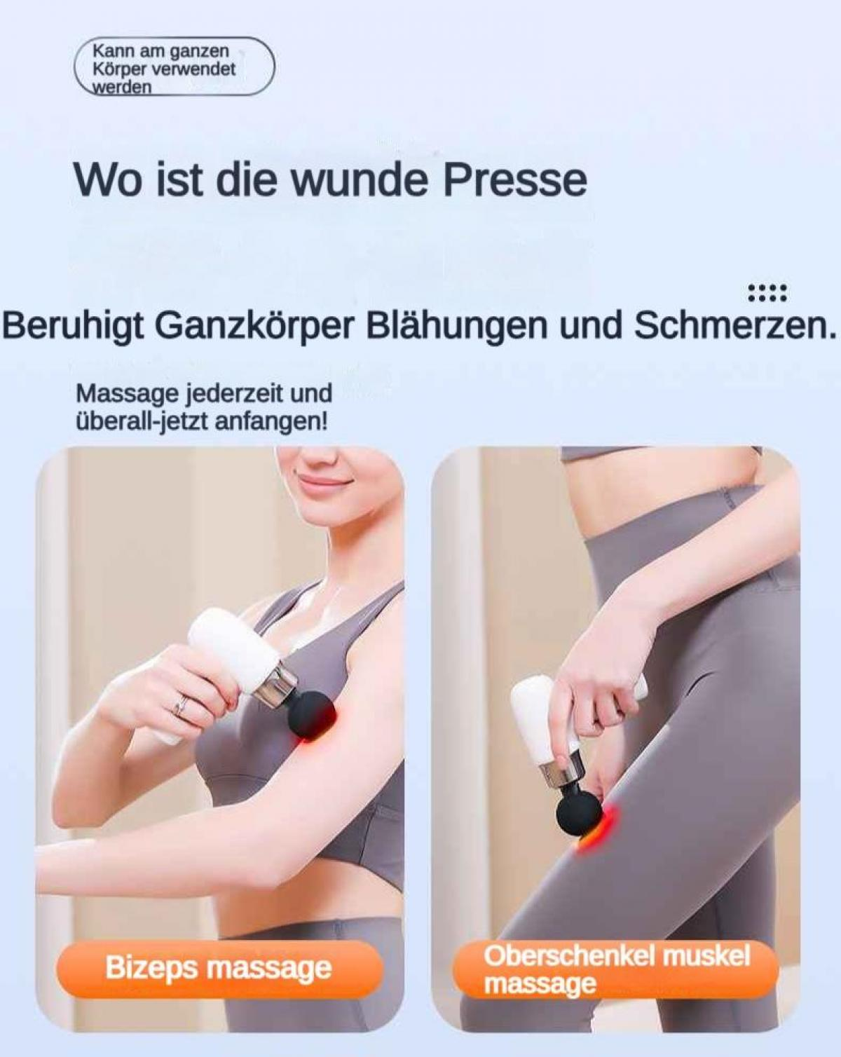 Frau massiert Bizeps und Oberschenkelmuskel mit Massagepistole.