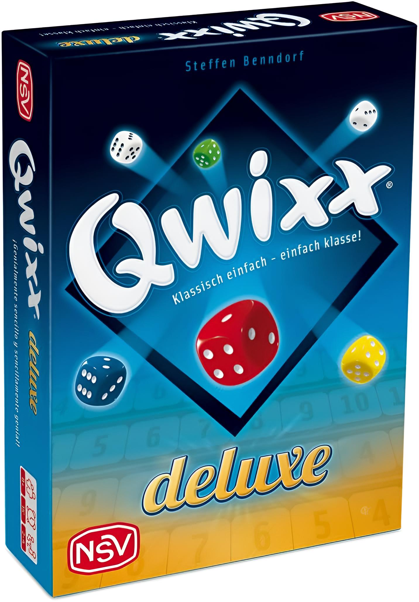 Packung des Brettspiels Quixx Deluxe mit Würfeln und Zahlen.
